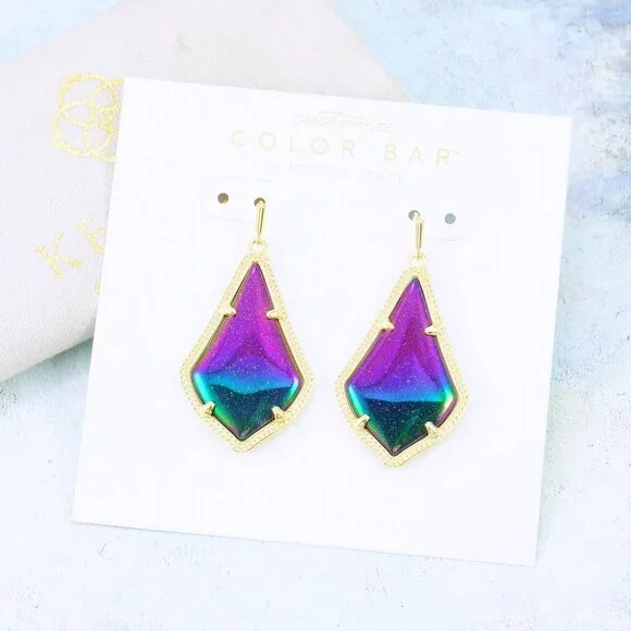 Kendra Scott Alex Iridescent Blue Goldstone Earrings Gold Plated - Picture 2 of 5
